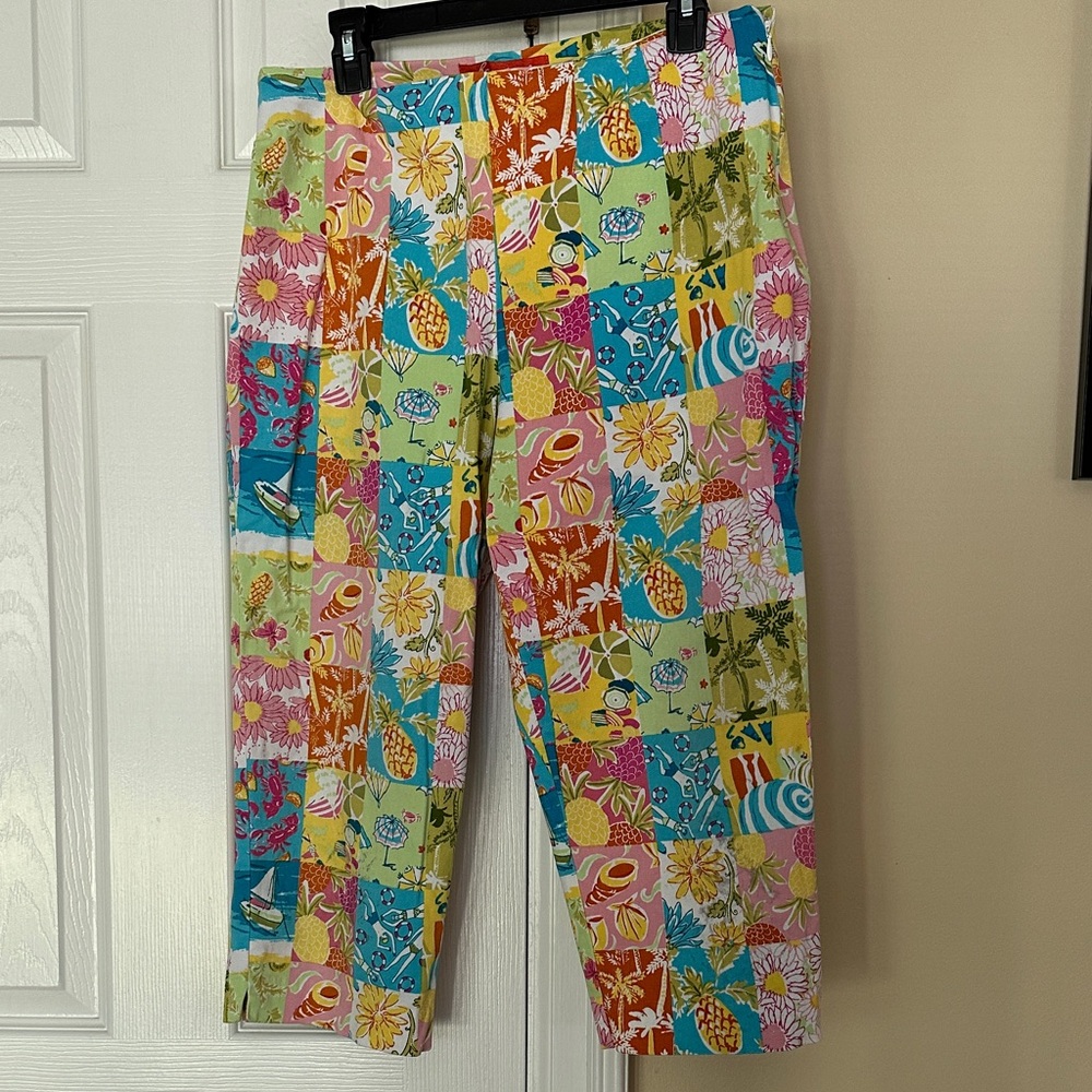 Vintage Bonjour Patchwork Tropical Cropped Pants Size 14 Colorful Print flaw